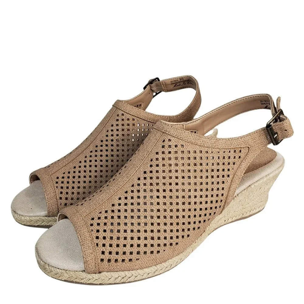 Easy Street Tan Stacey Espadrille Wedge Open Toe Slingback Sandals Sz 9N